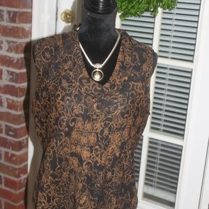 DONNA RICO BLACK TAN GOLD BROWN SLEEVELESS FLORAL TOP COWL COLLAR SIZE 14 EUC…
